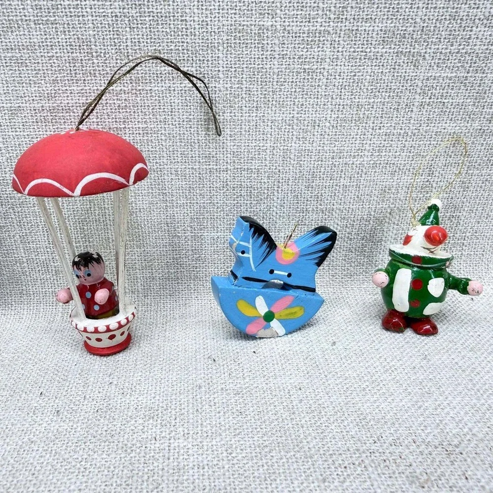 Vintage Hand Painted Wooden Christmas Ornaments Lot of 6 Soldier Balloon Clown